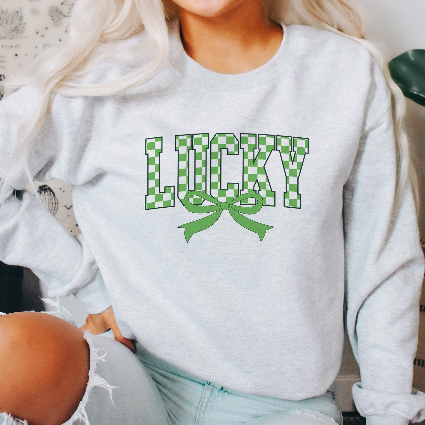 Gildan Sweatshirt Heather Grey-St. Patrick's Day Lucky Checker Bow -1