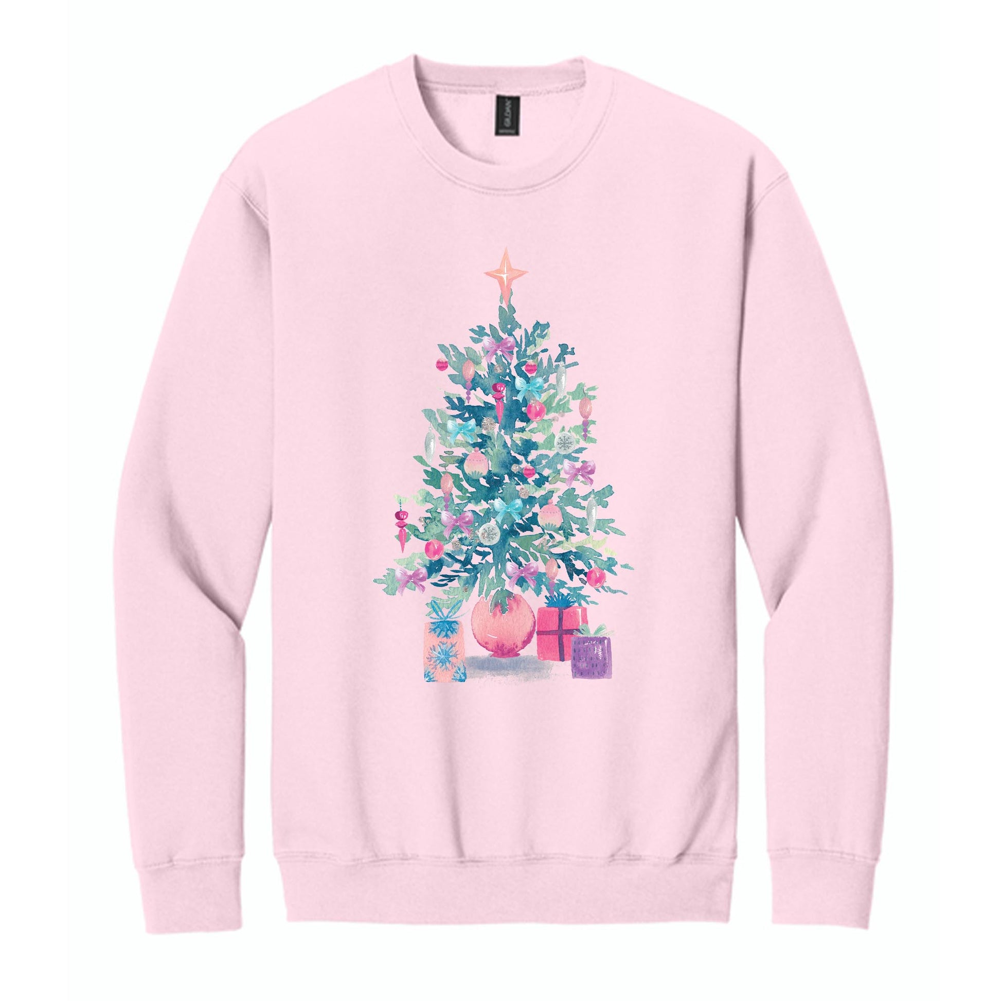 Gildan Sweatshirt Light Pink-Watercolor Sugar Plum Christmas Tree -0