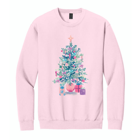 Gildan Sweatshirt Light Pink-Watercolor Sugar Plum Christmas Tree -0