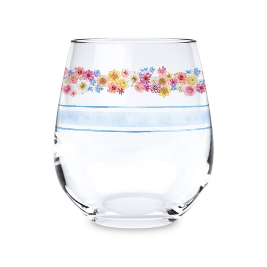 15oz Stemless Wine Glass-Fantasy Garden Flower Stripes -0