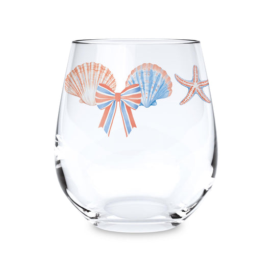 15oz Stemless Wine Glass-New England Tides Shells & Bows -0