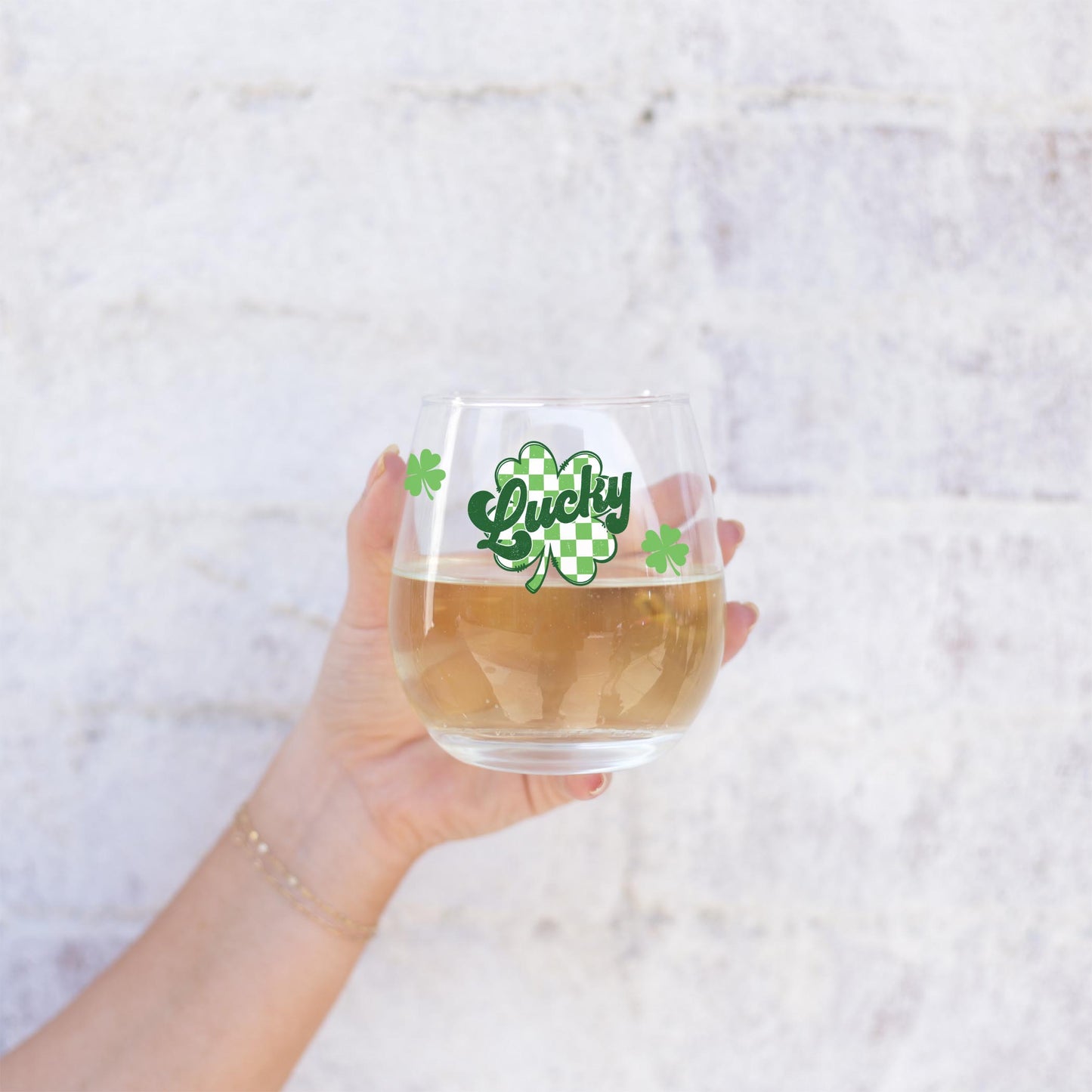 15oz Stemless Wine Glass-St. Patrick's Day Lucky Checker Shamrock -2