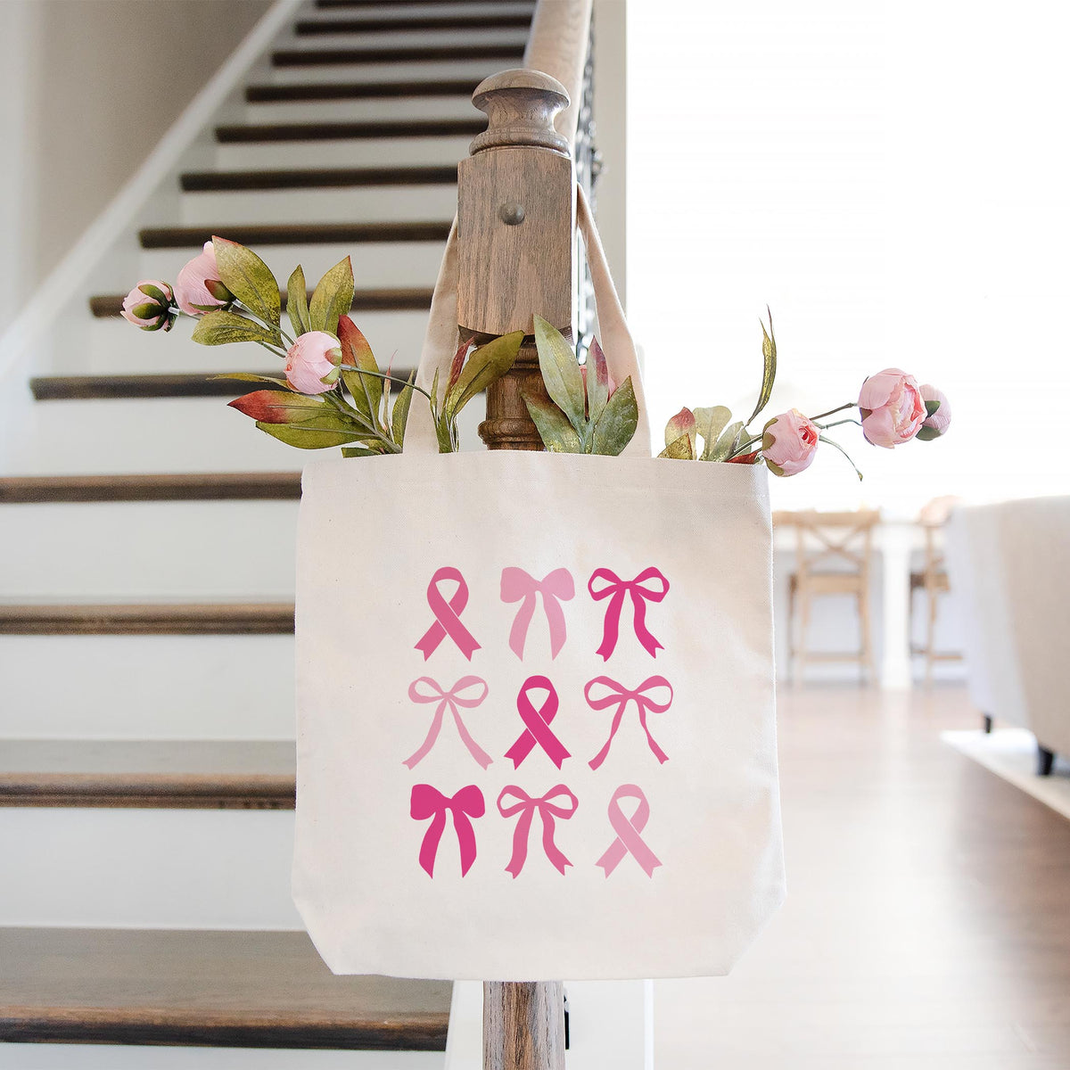 Tote Bag Natural Canvas-Breast Cancer Awareness | Bows -1