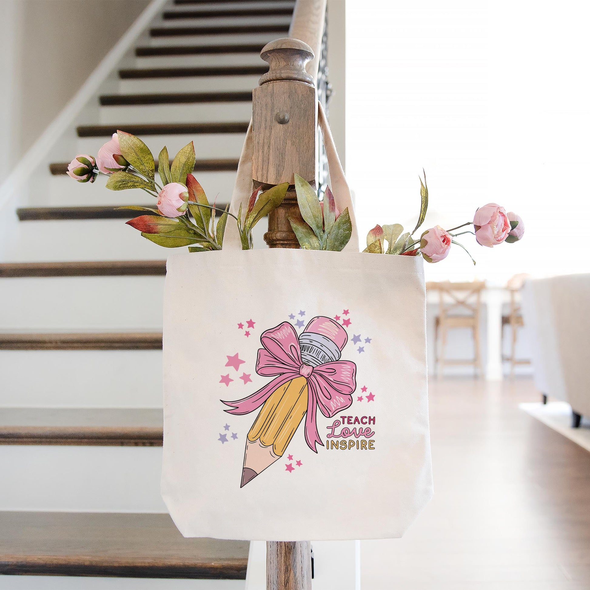 Tote Bag Natural Canvas-Classroom Coquette Teach Love Inspire -1
