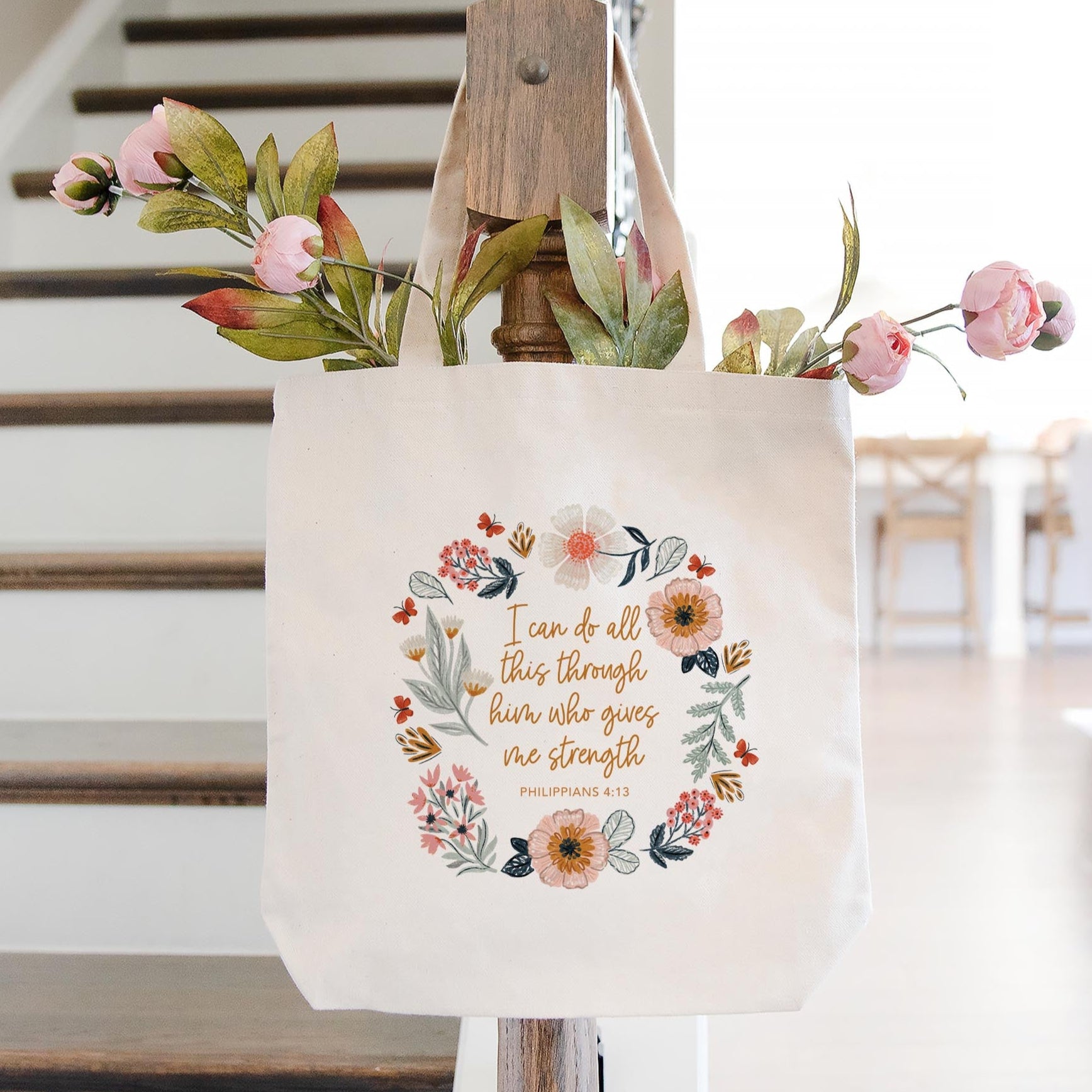 Tote Bag Natural Canvas-Pretty Things Floral Faith Gives Me Strength -1