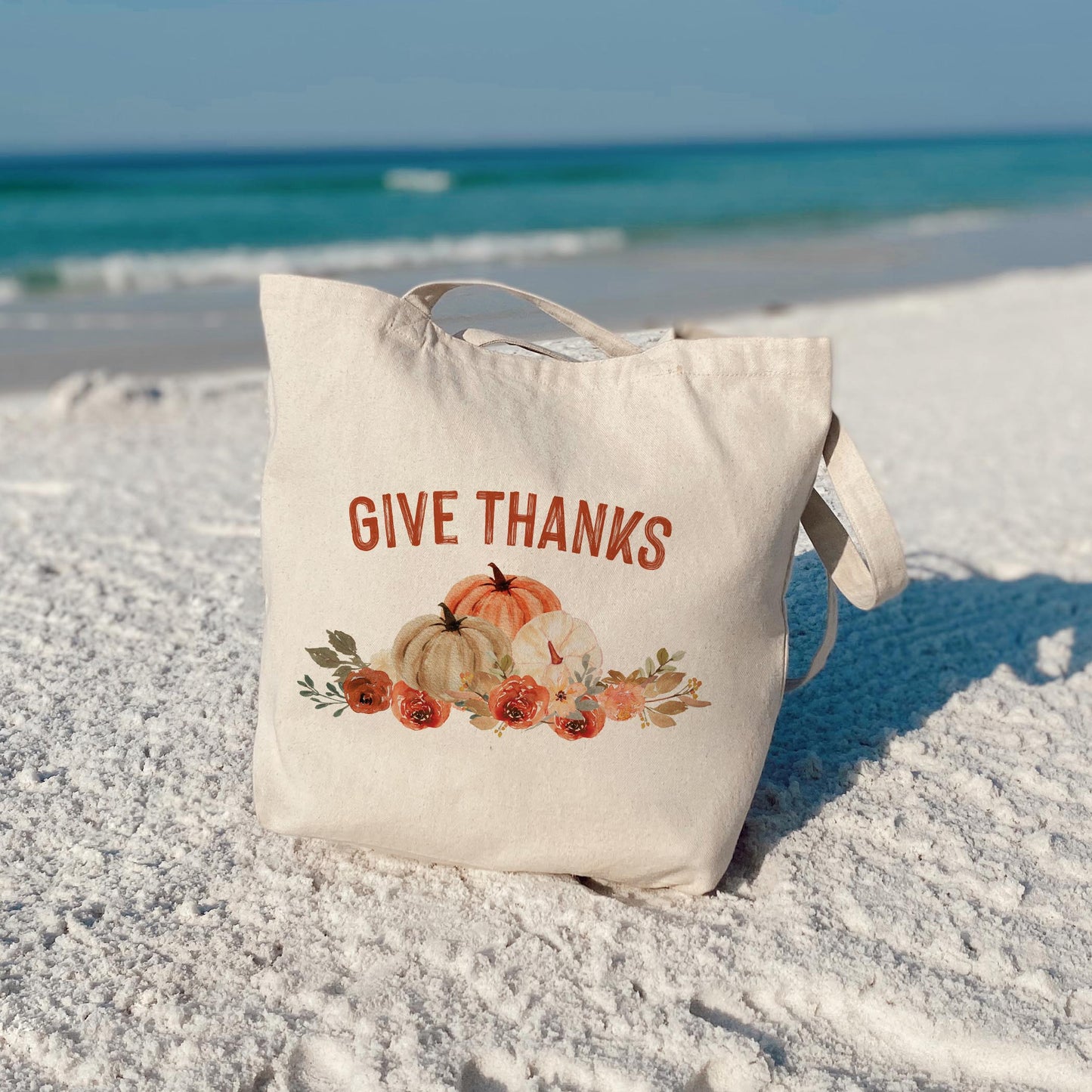 Tote Bag Natural Canvas-Give Thanks Floral Pumpkin