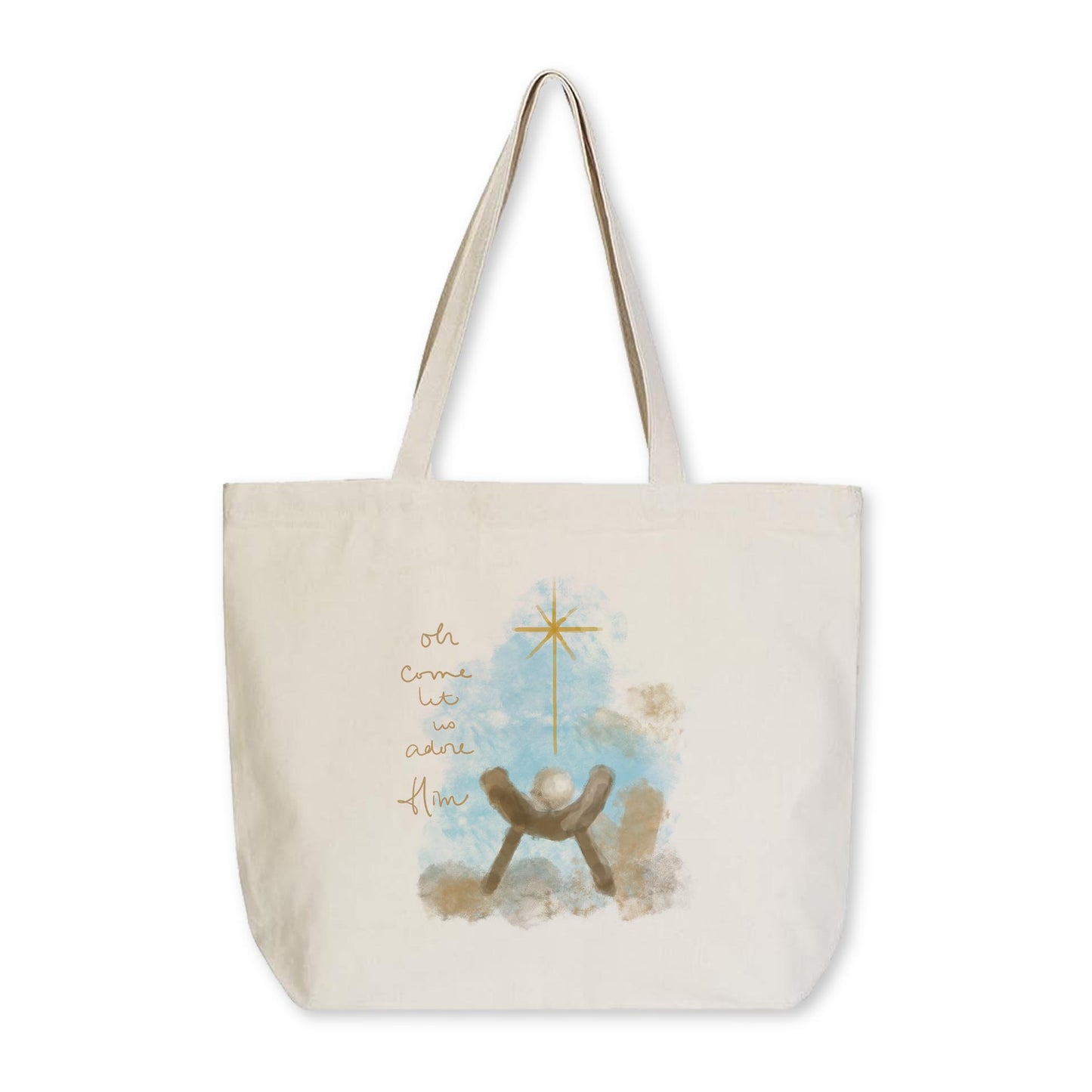Tote Bag Natural Canvas-Let Us Adore Him Watercolor Manger
