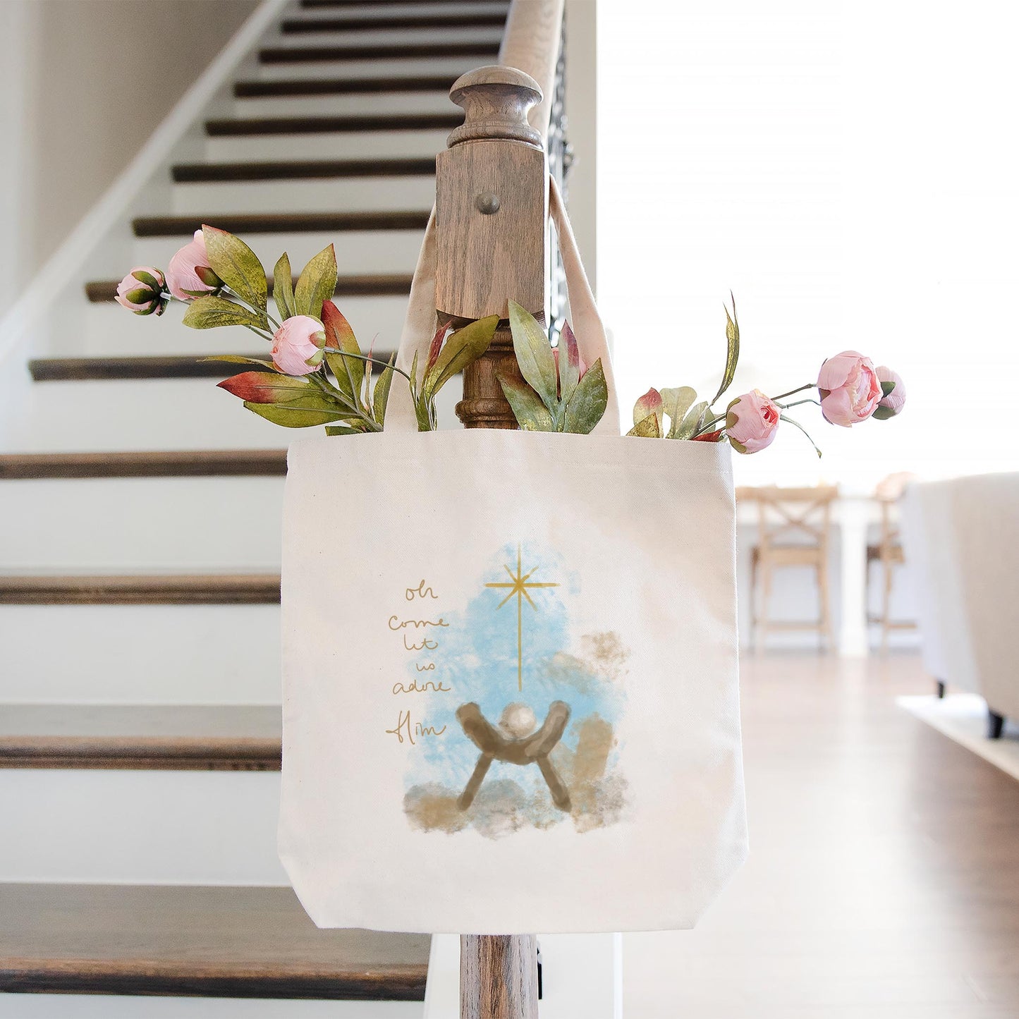 Tote Bag Natural Canvas-Let Us Adore Him Watercolor Manger