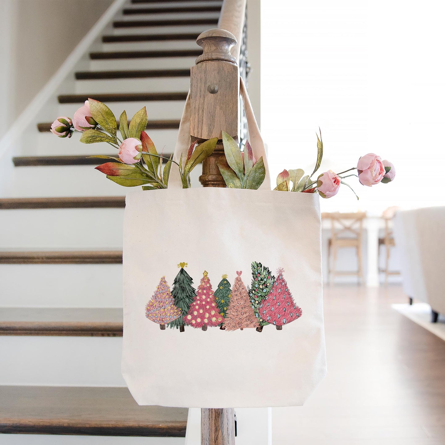 Tote Bag Natural Canvas-Pink Christmas Trees