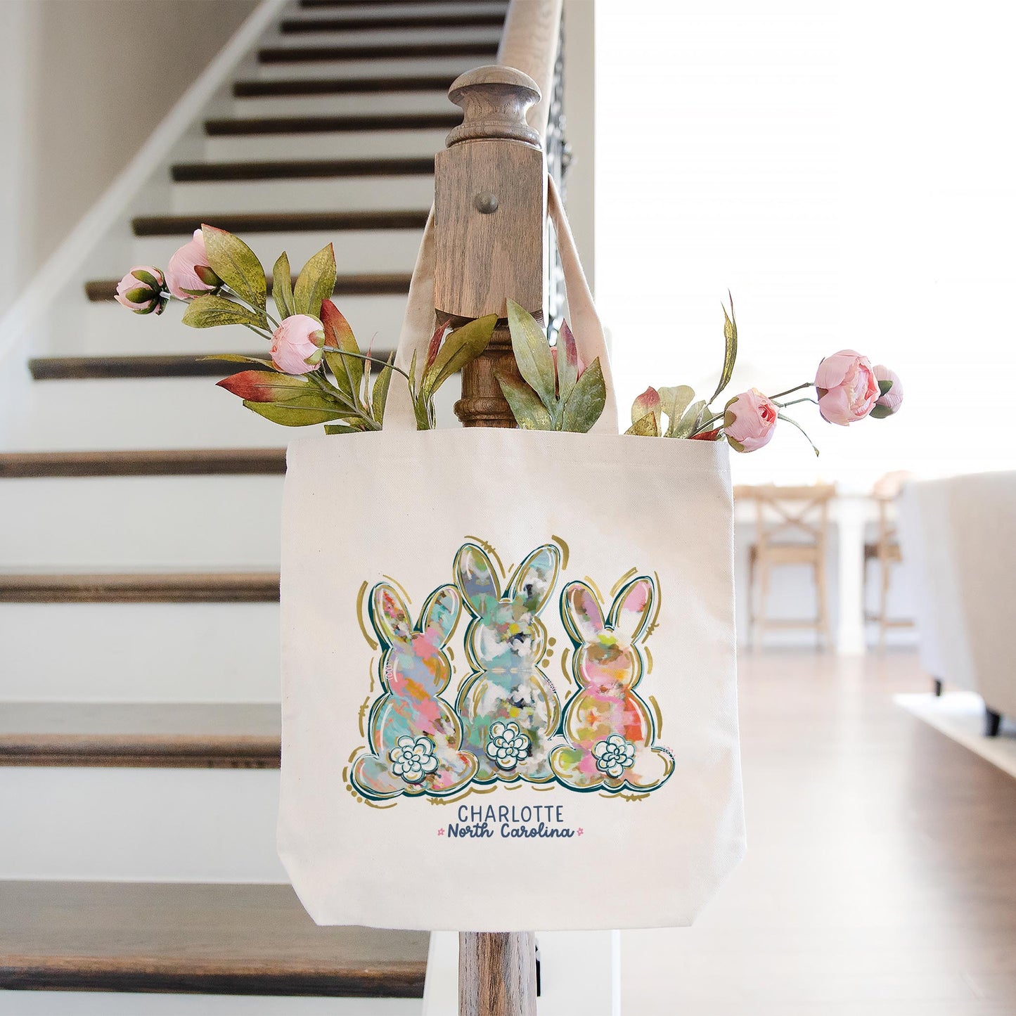 Tote Bag Natural Canvas-Love+Local Watercolor Easter Bunny Trio -1