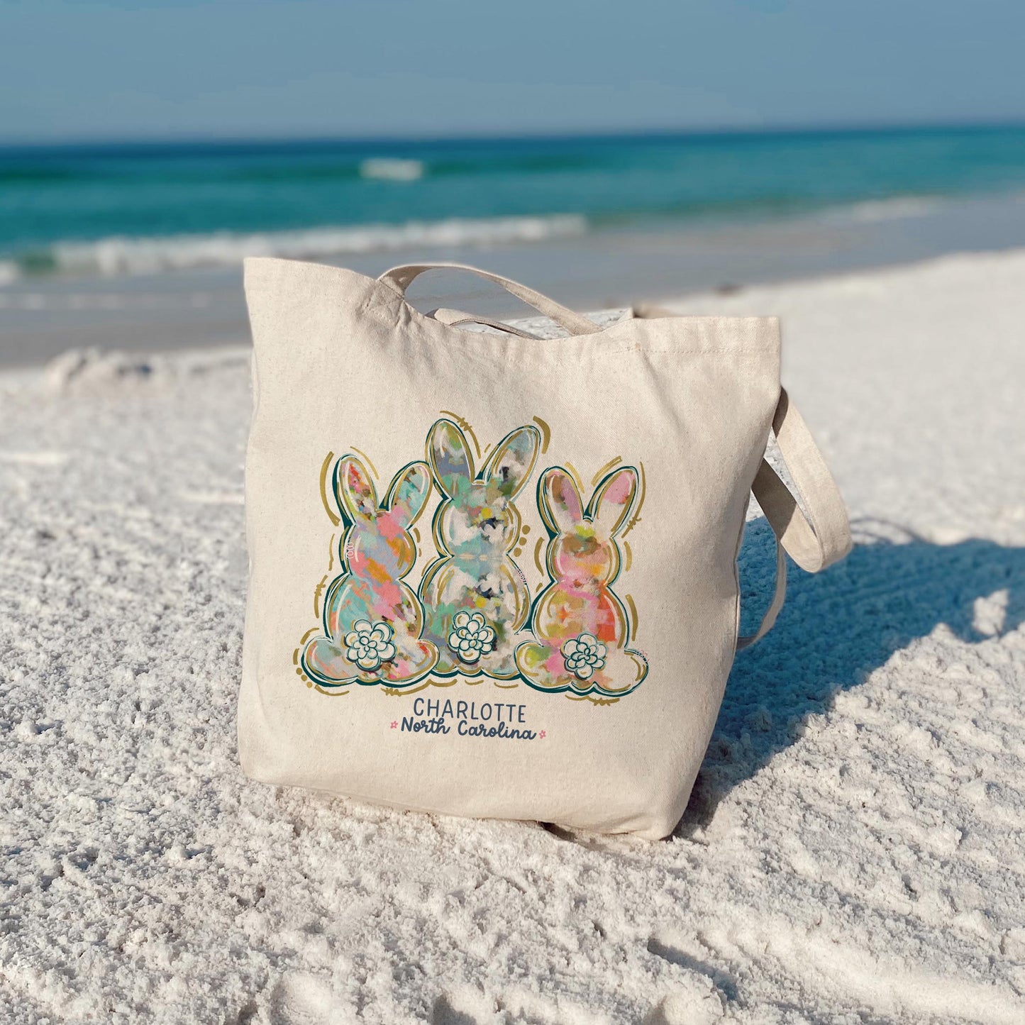 Tote Bag Natural Canvas-Love+Local Watercolor Easter Bunny Trio -3
