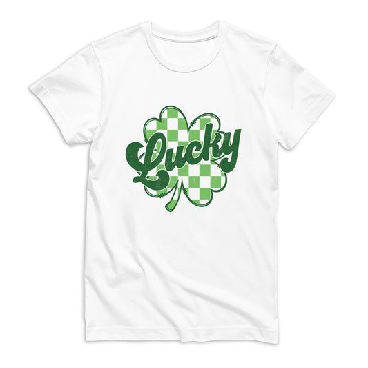 Bella Canvas T-Shirt White-St. Patrick's Day Lucky Checker Shamrock -0