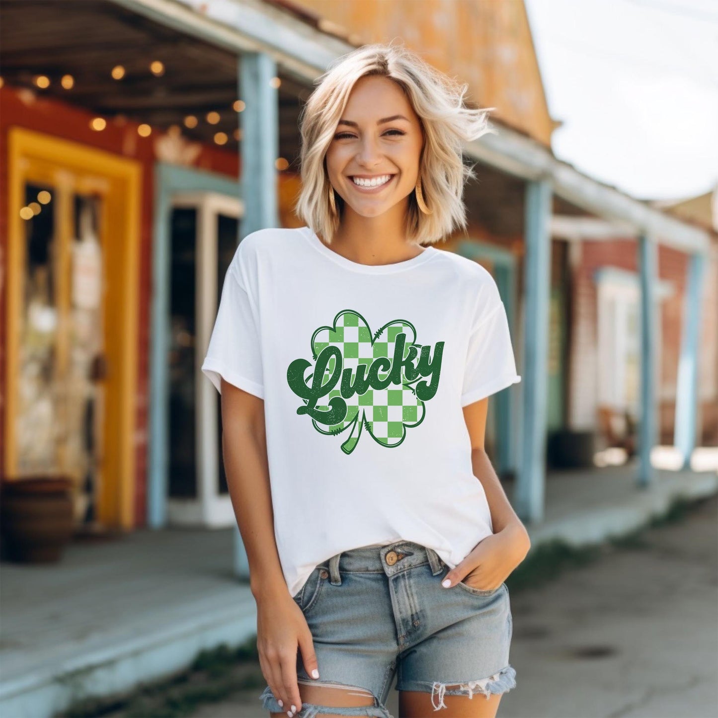 Bella Canvas T-Shirt White-St. Patrick's Day Lucky Checker Shamrock -1