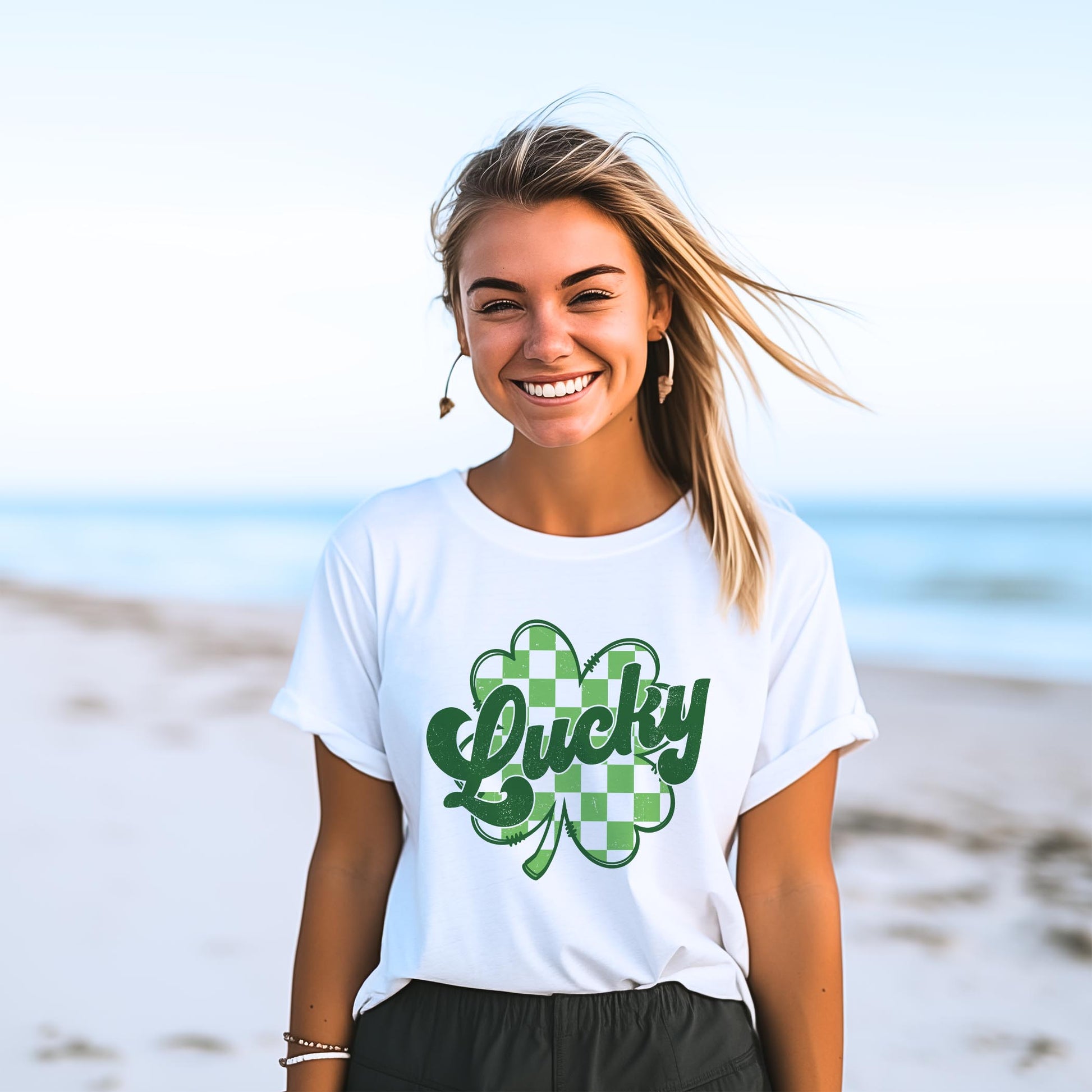 Bella Canvas T-Shirt White-St. Patrick's Day Lucky Checker Shamrock -2