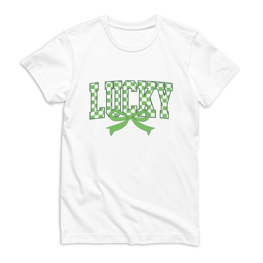 Bella Canvas T-Shirt White-St. Patrick's Day Lucky Checker Bow -0