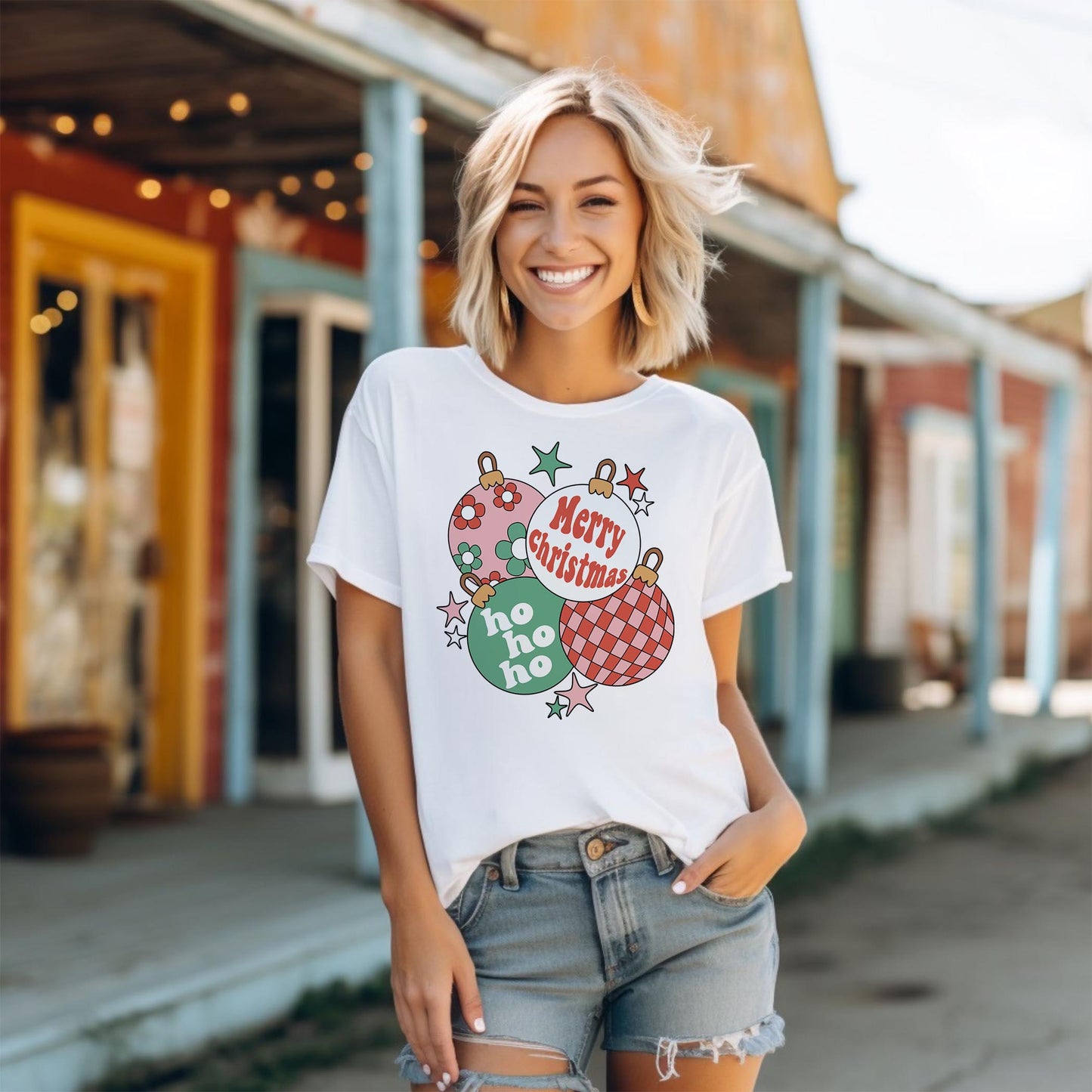 Bella Canvas T-Shirt White-Retro Christmas Ornaments