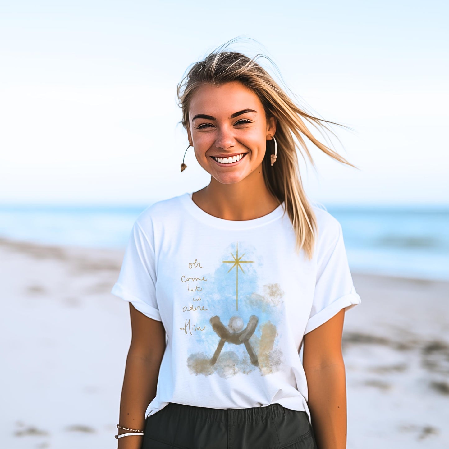 Bella Canvas T-Shirt White-Let Us Adore Him Watercolor Manger