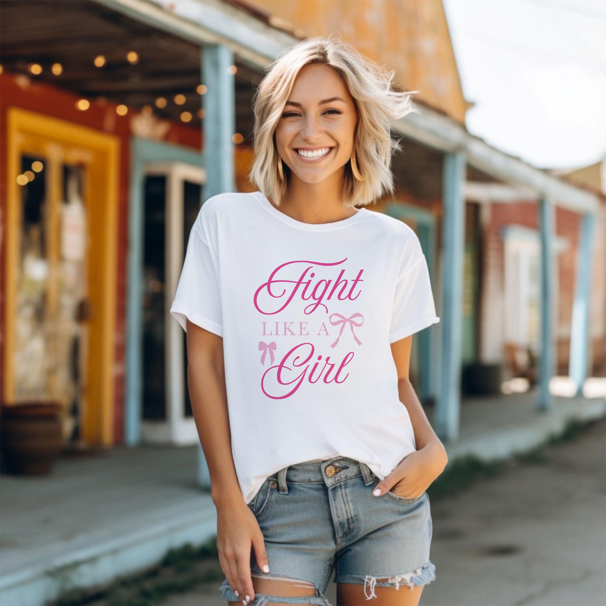Bella Canvas T-Shirt White-Breast Cancer Awareness | Fight Like A Girl -1