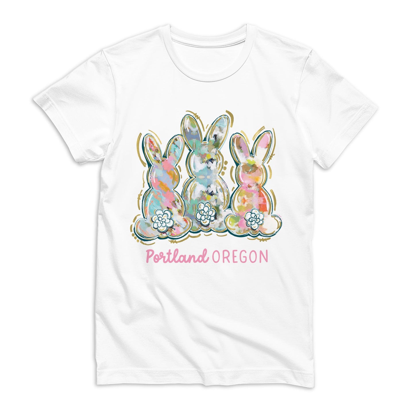 Bella Canvas T-Shirt White-Love+Local Watercolor Easter Bunny Trio -0