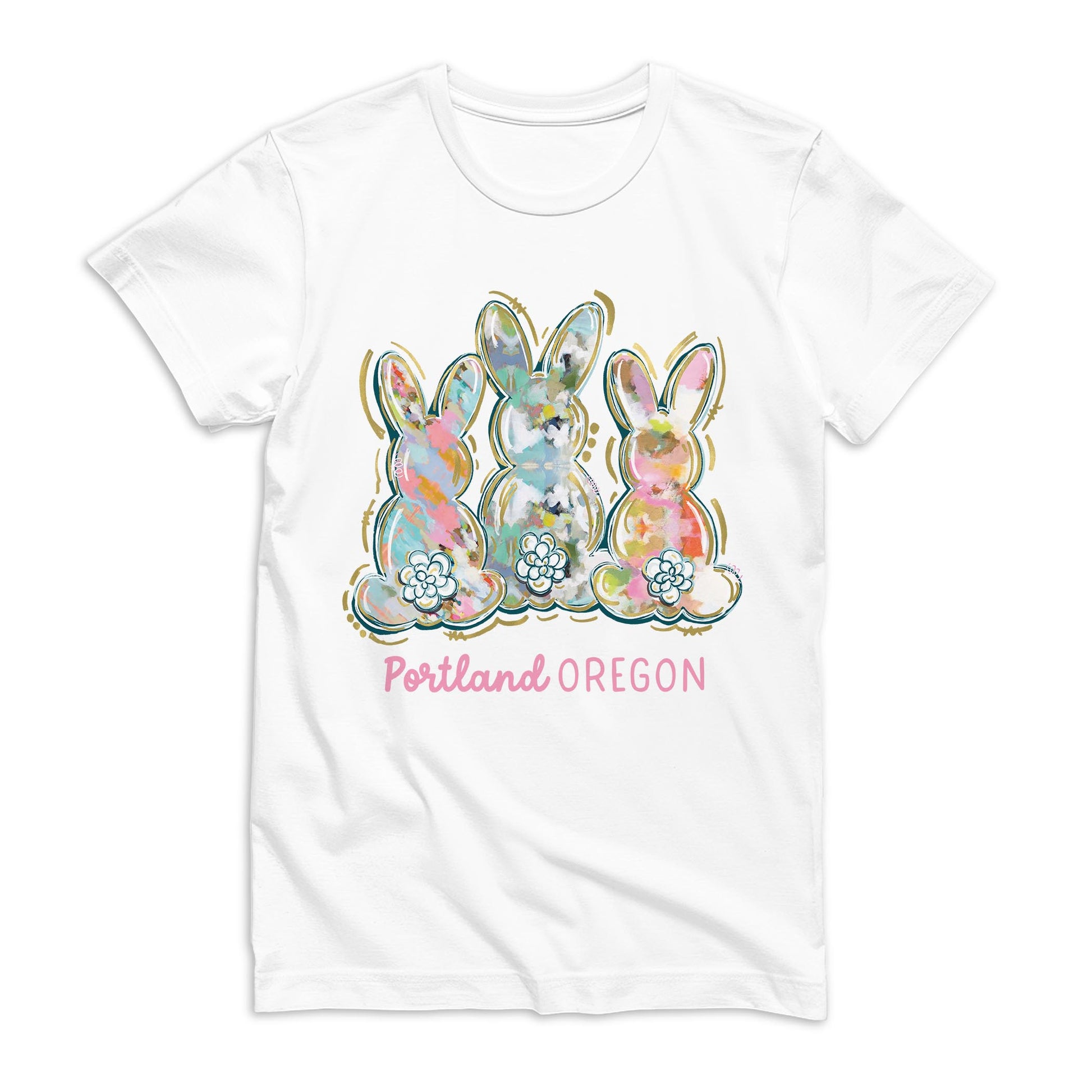 Bella Canvas T-Shirt White-Love+Local Watercolor Easter Bunny Trio -0