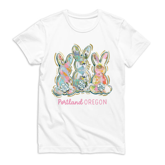 Bella Canvas T-Shirt White-Love+Local Watercolor Easter Bunny Trio -0
