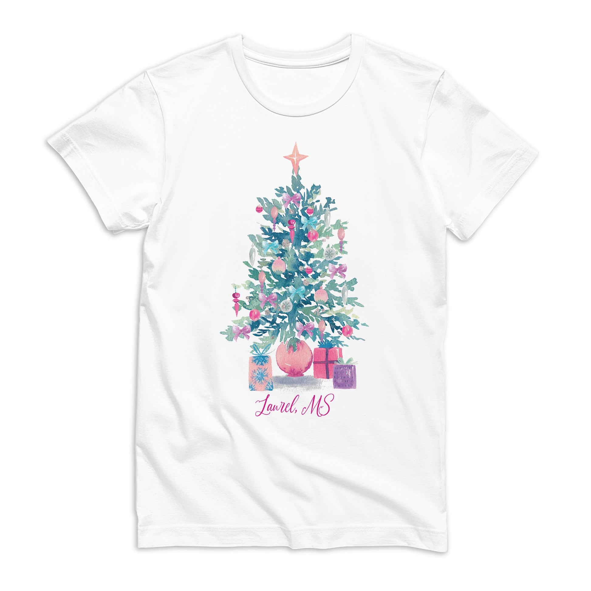 Bella Canvas T-Shirt White-Watercolor Sugar Plum Christmas Tree -0