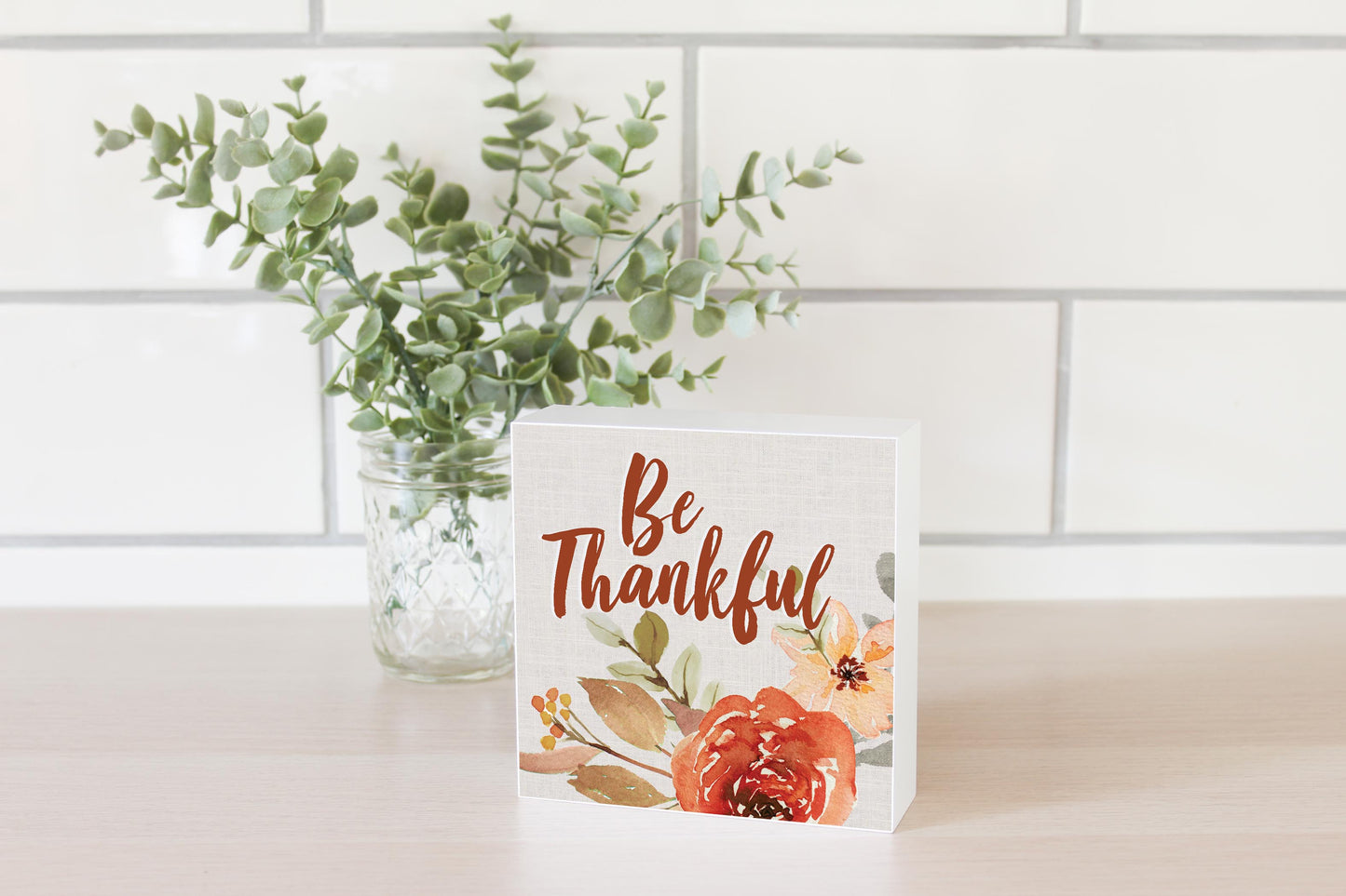 5x5 Wood Block-Be Thankful Fall Florals
