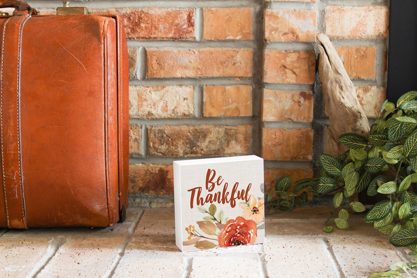 5x5 Wood Block-Be Thankful Fall Florals