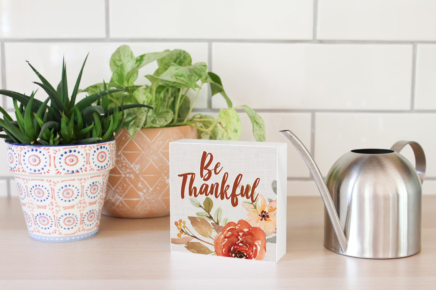 5x5 Wood Block-Be Thankful Fall Florals
