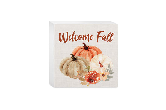 5x5 Wood Block-Welcome Fall Floral Pumpkin