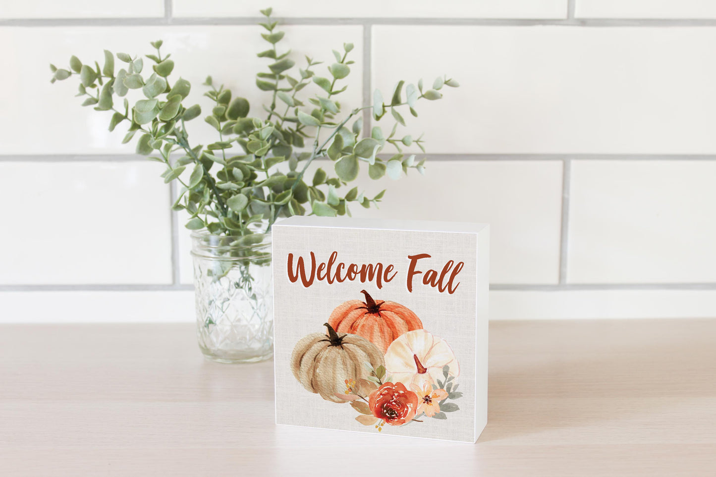 5x5 Wood Block-Welcome Fall Floral Pumpkin