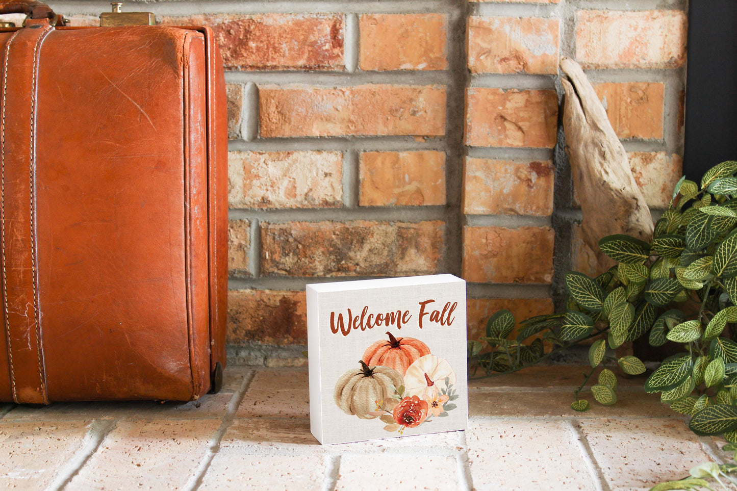 5x5 Wood Block-Welcome Fall Floral Pumpkin