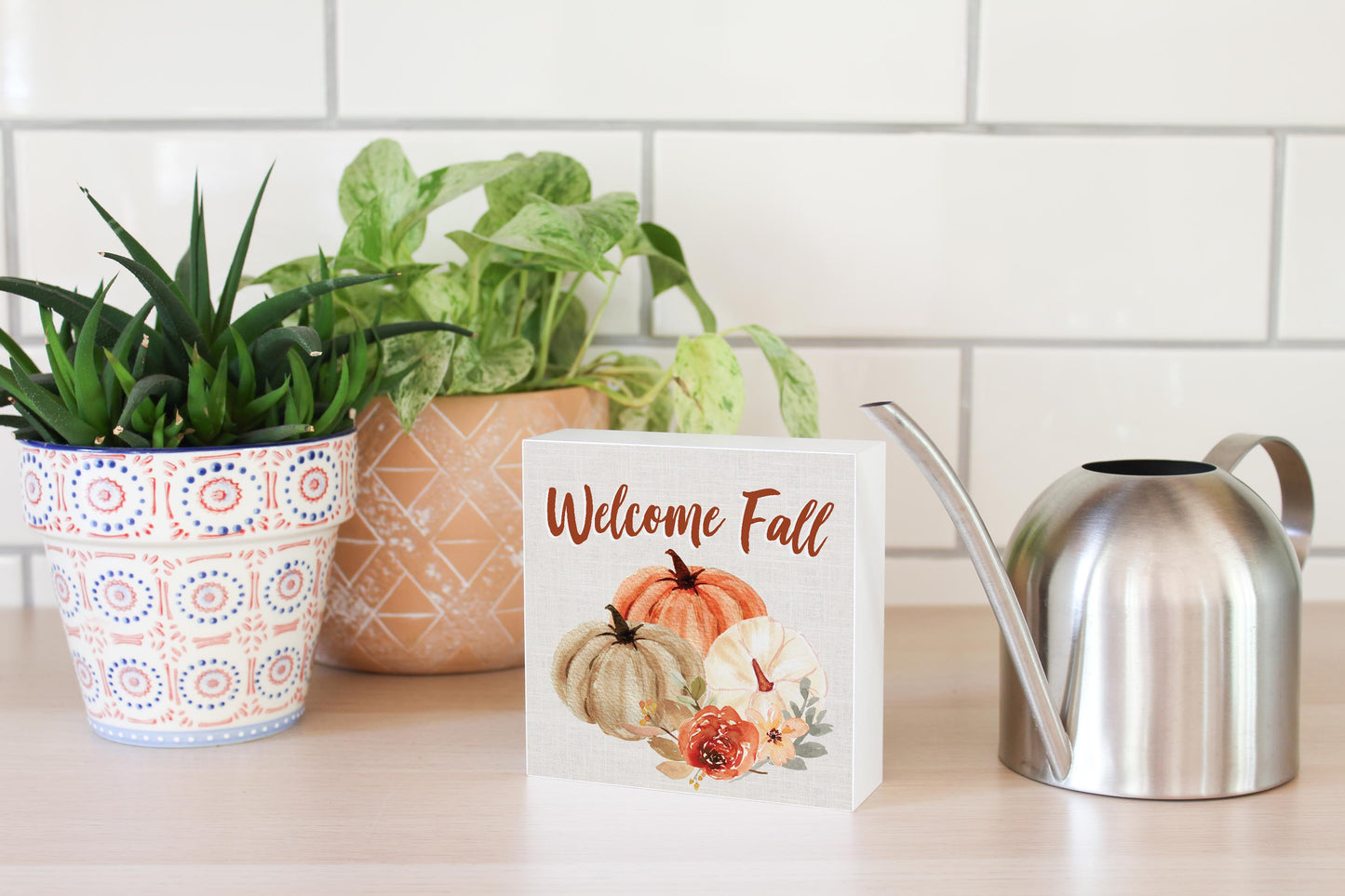 5x5 Wood Block-Welcome Fall Floral Pumpkin