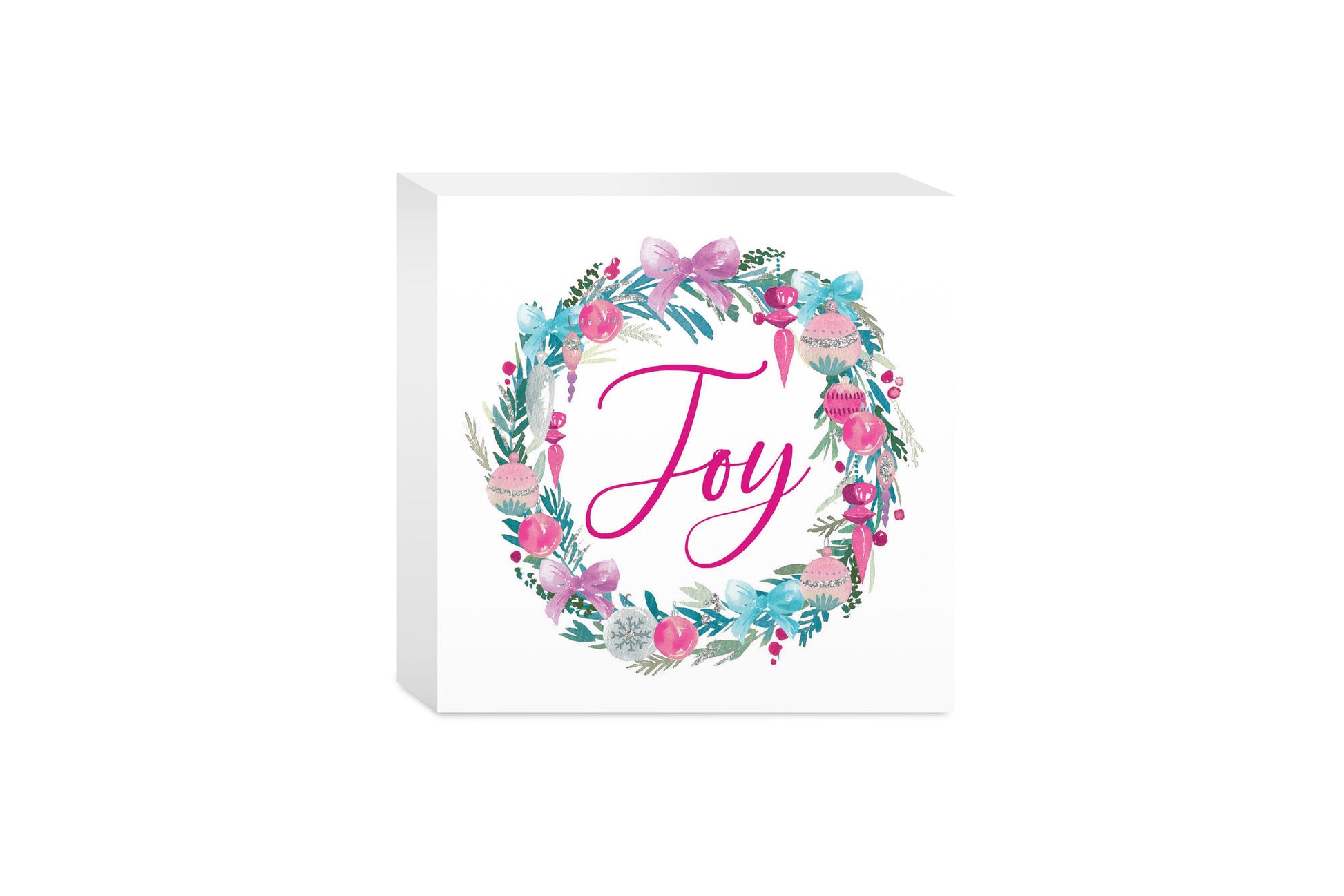 5x5 Wood Block-Watercolor Sugar Plum Joy Wreath -0