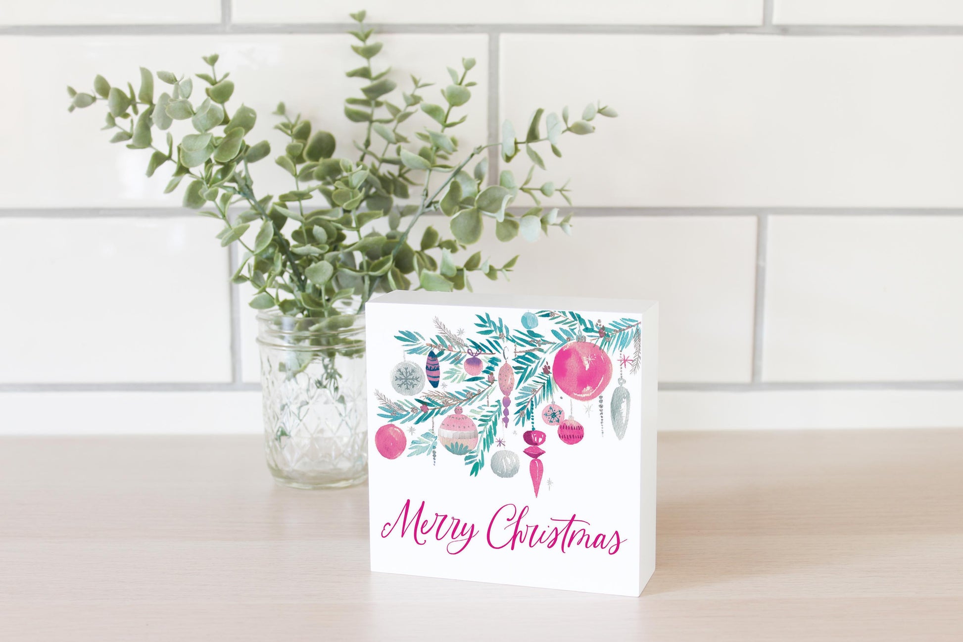 5x5 Wood Block-Watercolor Sugar Plum Merry Christmas -2