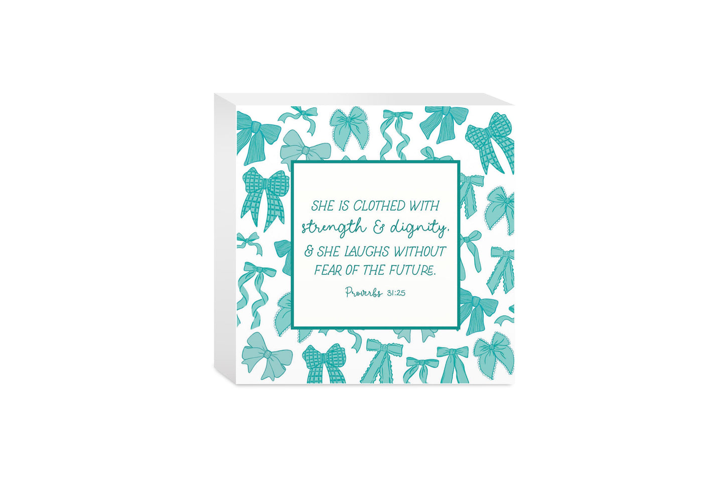 5x5 Wood Block-Blue Bows She Is Clothed