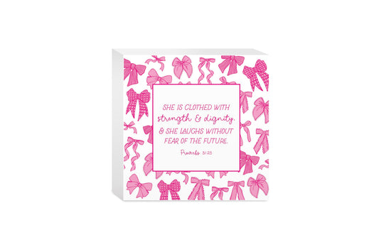 5x5 Wood Block-Pink Bows She Is Clothed