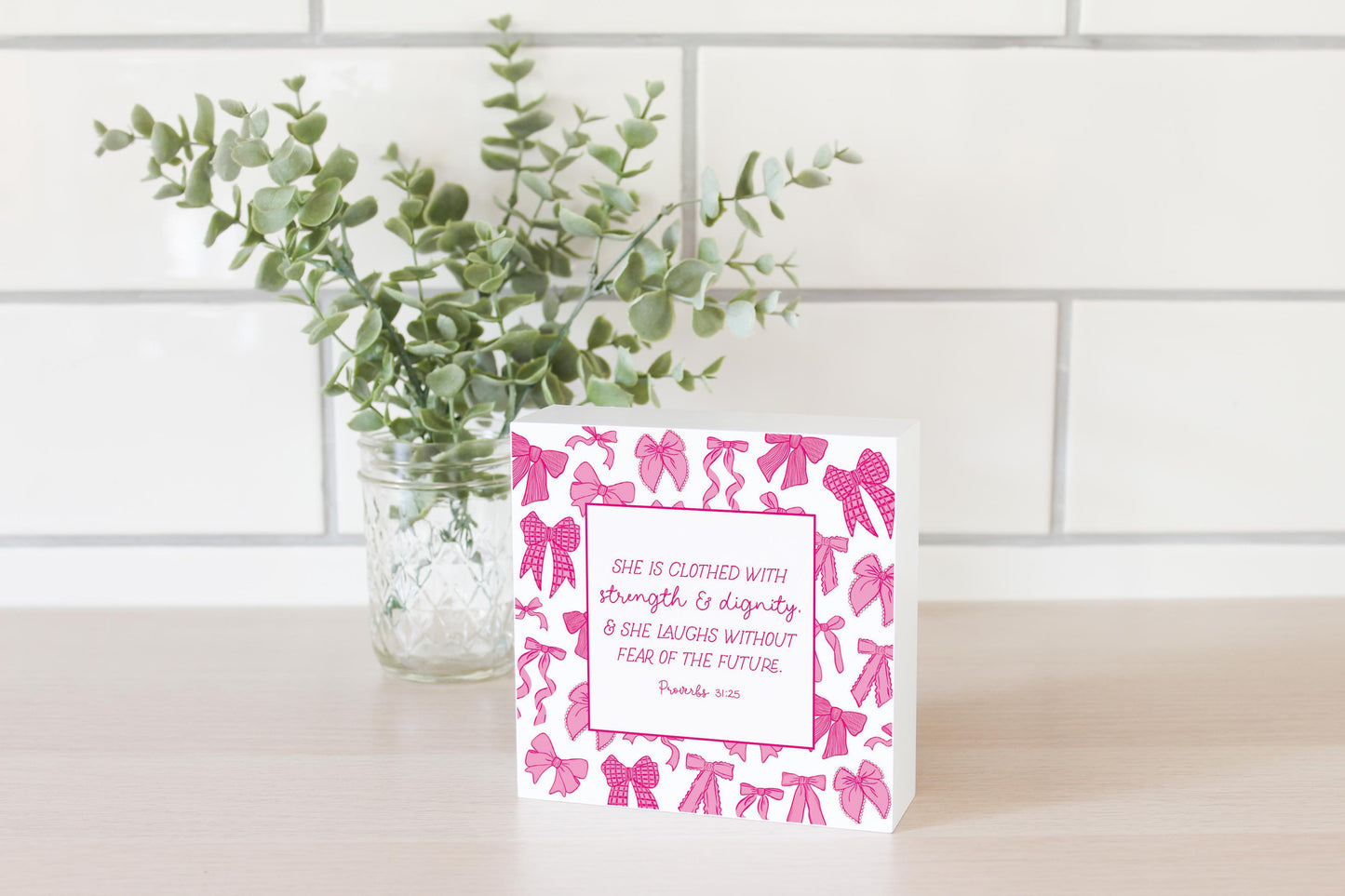 5x5 Wood Block-Pink Bows She Is Clothed