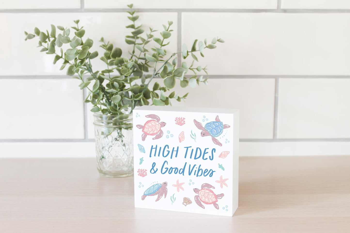 5x5 Wood Block-Coastal Sea Turtles High Tides