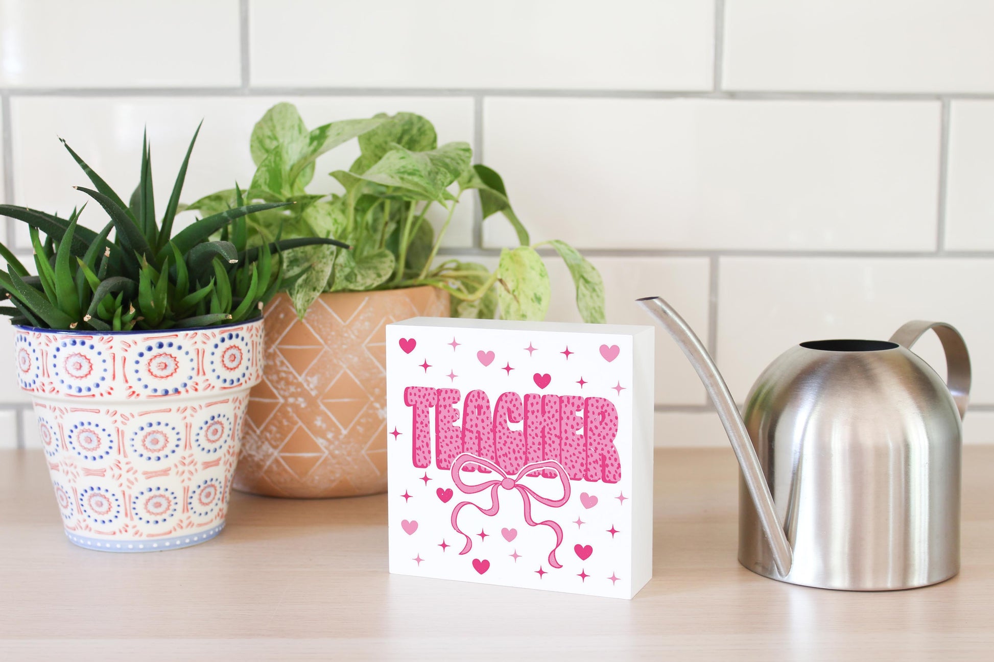 5x5 Wood Block-Classroom Coquette Teacher Hearts & Bow -4