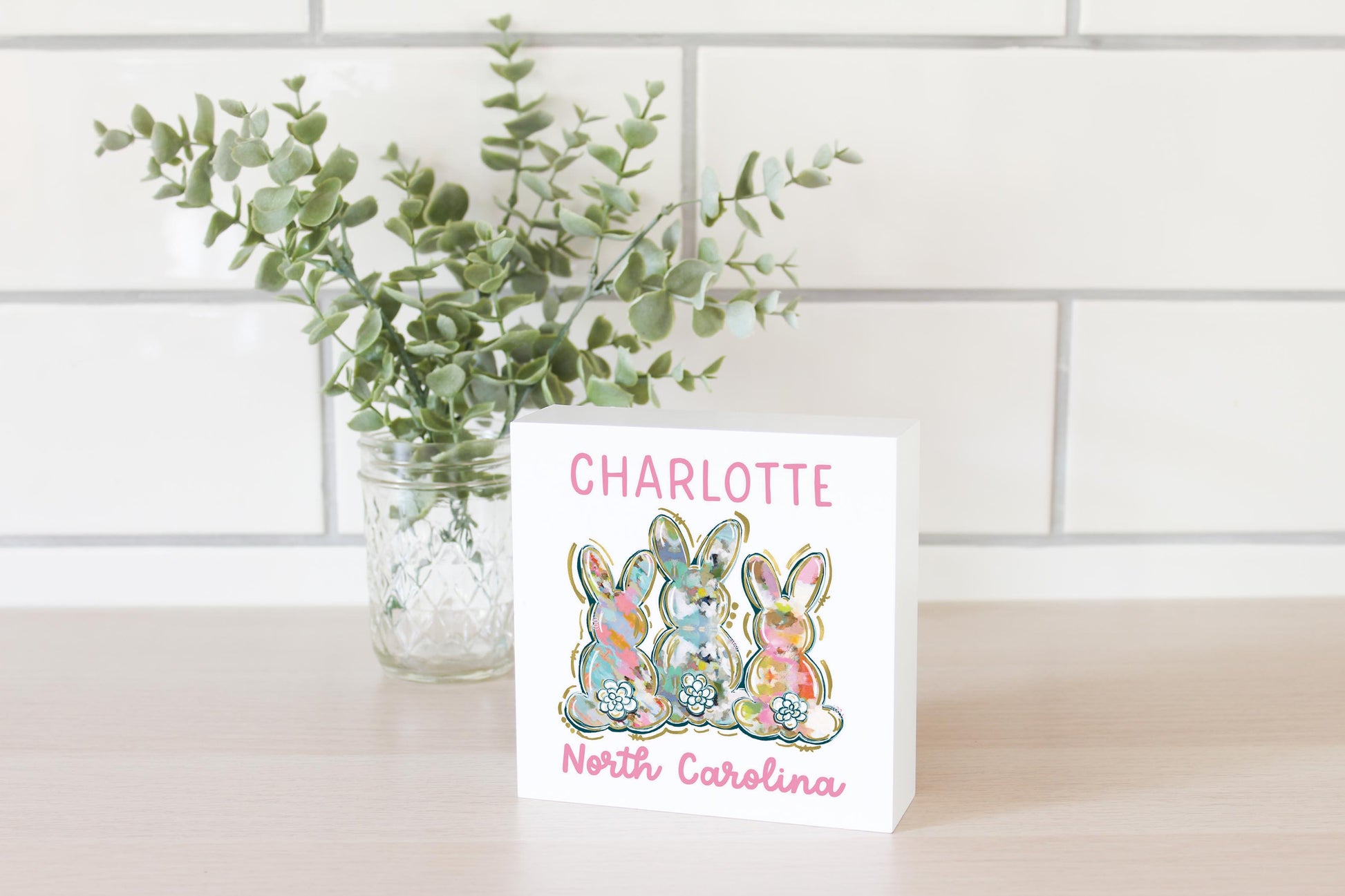 5x5 Wood Block-Love+Local Watercolor Easter Bunny Trio -2