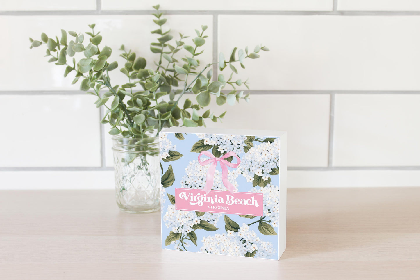5x5 Wood Block-Love+Local Hydrangea Cottage -2