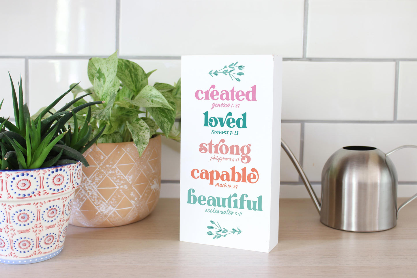 5x10 Wood Block-Kalia Floral Created Loved Strong