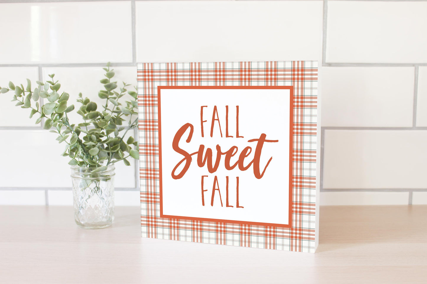 10x10 Wood Block-Fall Sweet Fall Orange Plaid- Fall Decor
