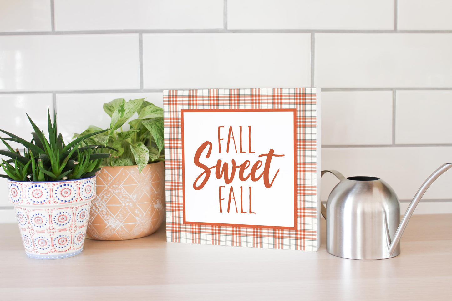 10x10 Wood Block-Fall Sweet Fall Orange Plaid- Fall Decor