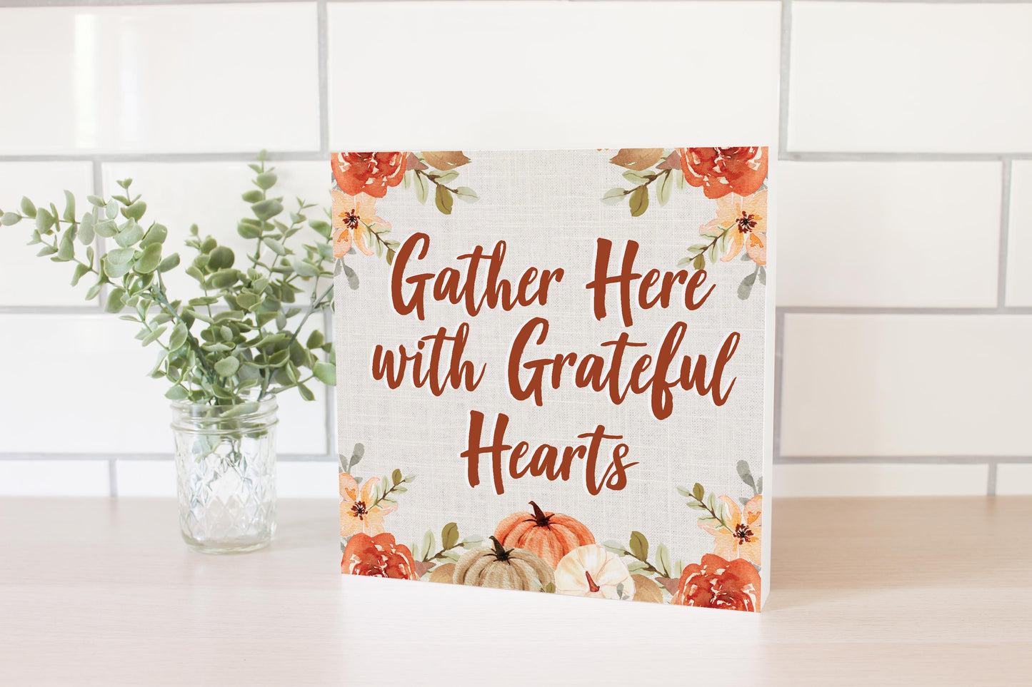 10x10 Wood Block-Grateful Hearts Fall Florals- Fall Decor