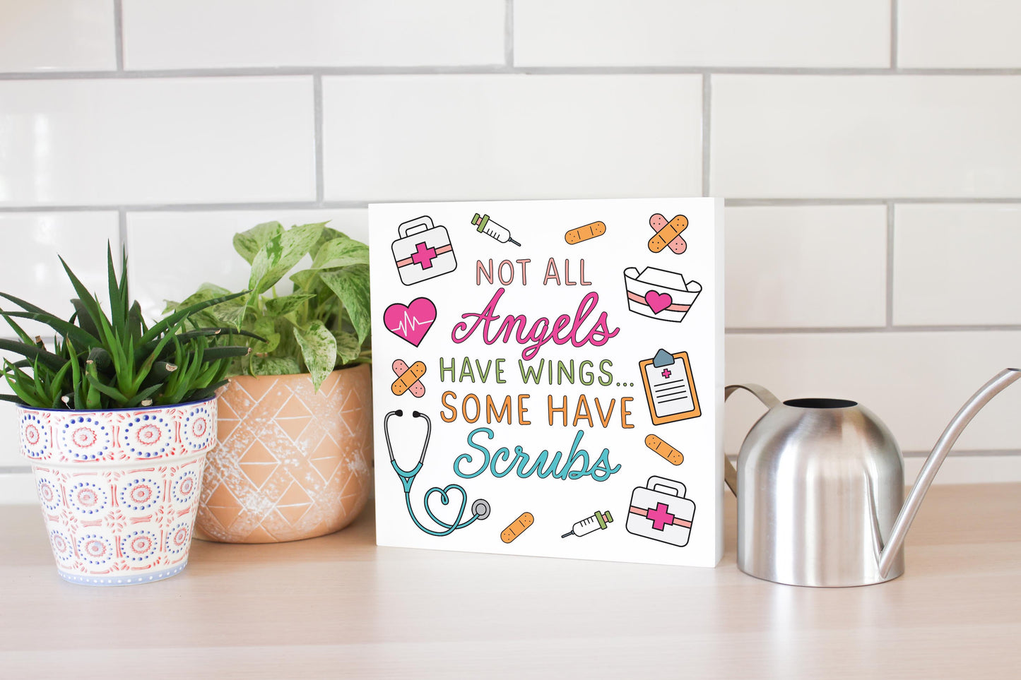 10x10 Wood Block-Some Angels Have Scrubs