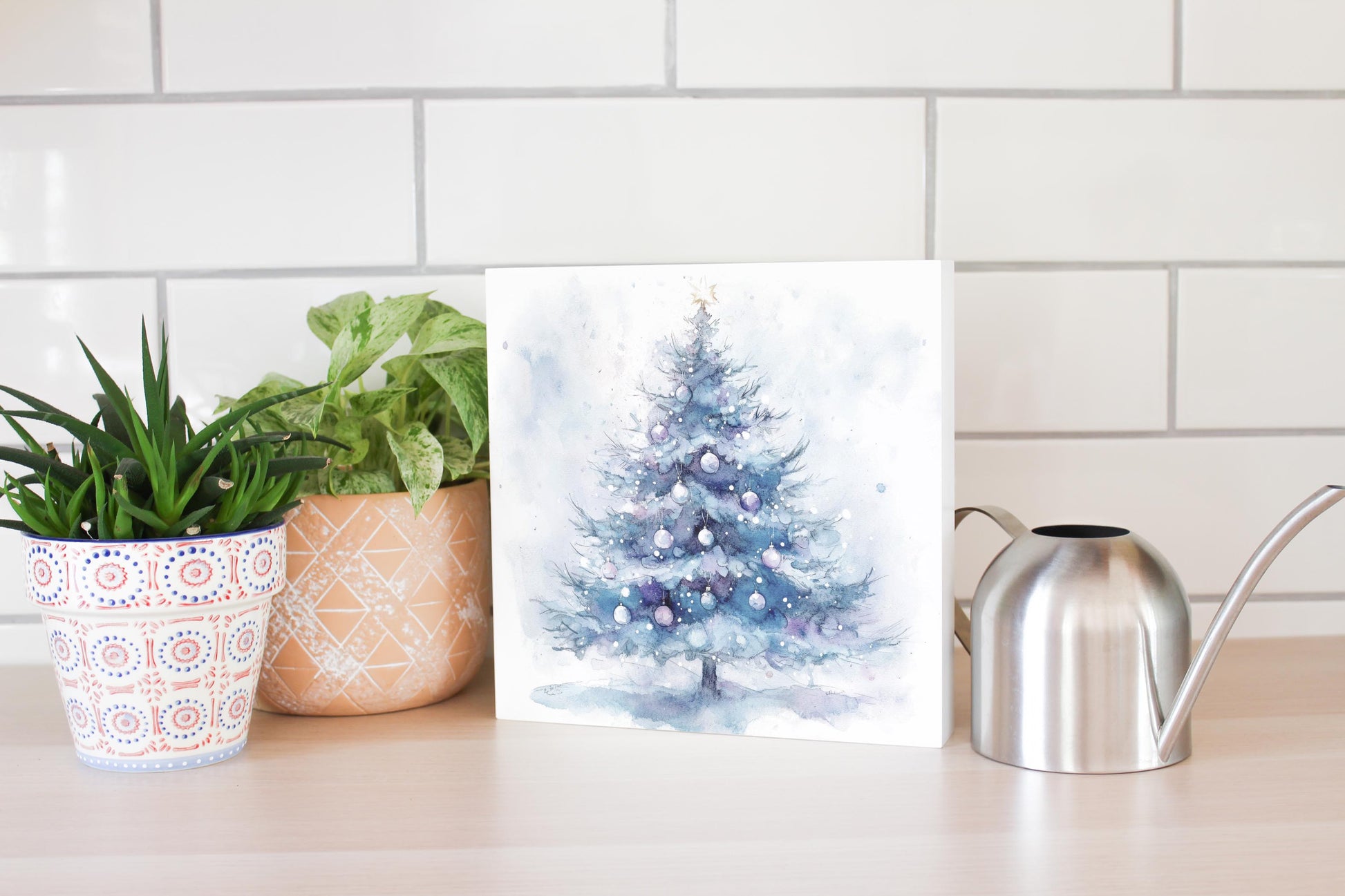 10x10 Wood Block-Holiday Tidings Watercolor Christmas Tree -4