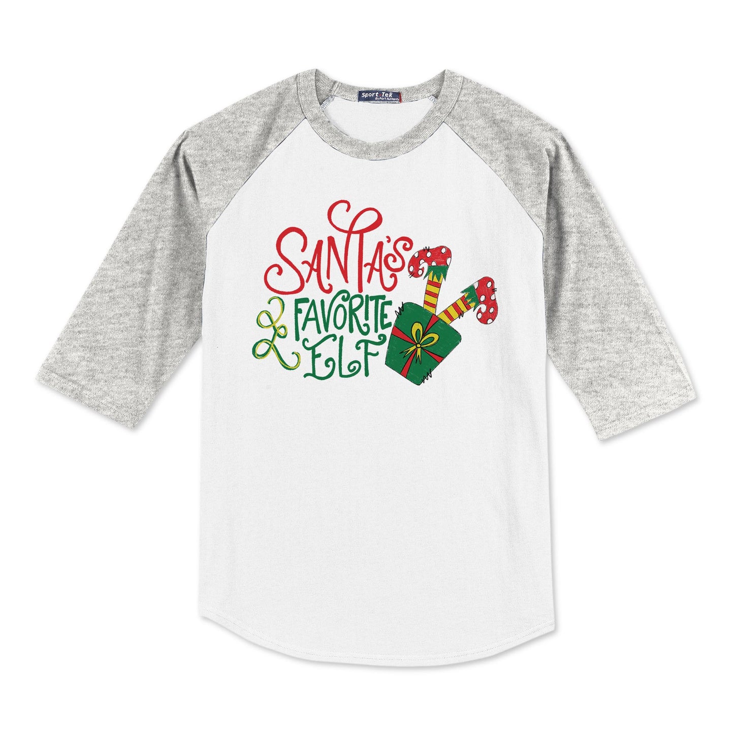 Sport-Tek® Youth Colorblock Raglan Grey/White-Santa's Favorite Elf