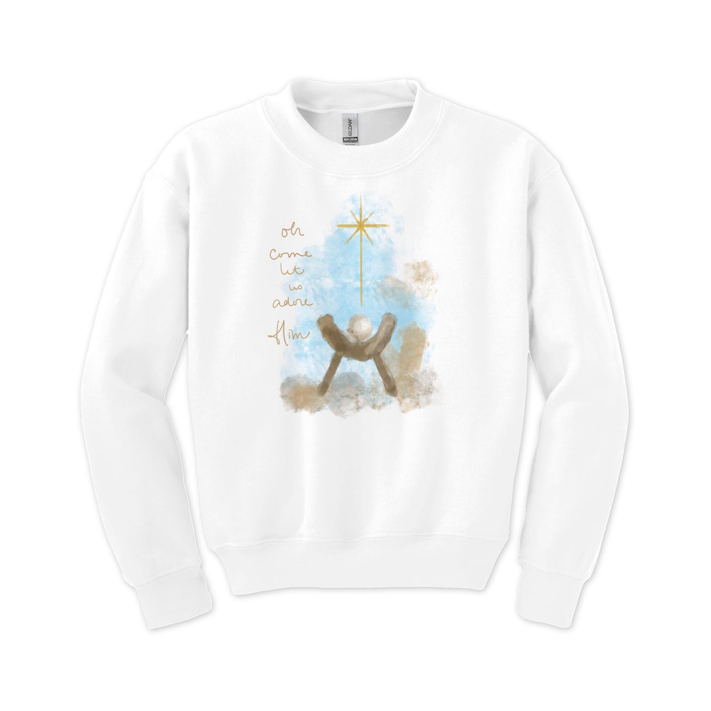 Gildan Youth Crewneck White-Let Us Adore Him Watercolor Manger
